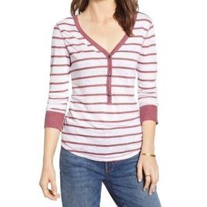 Treasure & Bond Breton Stripe Henley Quarter Sleeve Button Detail Linen Top NWT